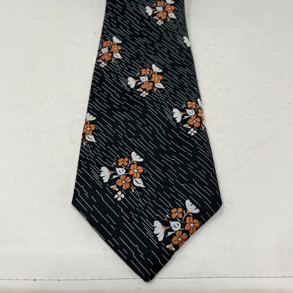 Vintage Sears The Mens Store Tie Black Orange Floral Dash 70s Wide Polyester 200